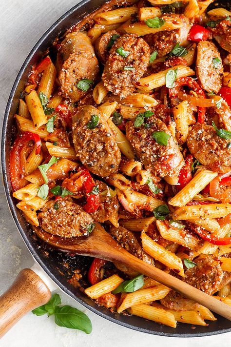 Sausage Pasta Skillet — A quick and easy skillet meal with incredible flavor, perfect for weeknight dinners with family. Sausage Pasta Skillet, Easy Skillet Dinner, Sausage Recipes For Dinner, Pasta Skillet, Smoked Sausage Recipes, Sausage Dinner, Sausage Pasta Recipes, Easy Skillet Meals, Italian Sausage Pasta