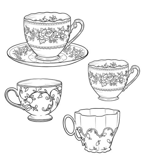 Tea Cup Drawing, Tea Tattoo, Teacup Tattoo, Cup Tattoo, 그림 낙서, Tea Cups And Saucers, صفحات التلوين, Tattoo Project, Desenho Tattoo