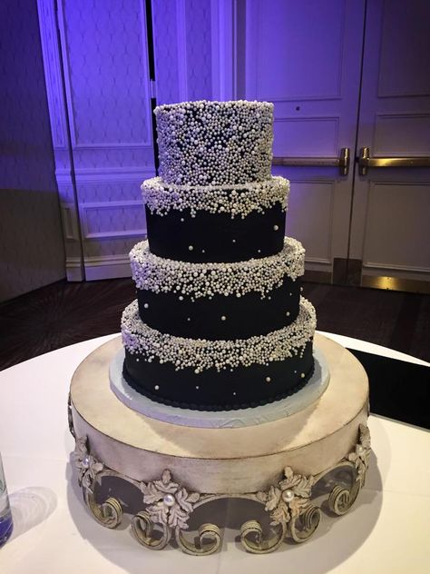 Glamorous Black wedding cake by Incredible Edibles Virginia Beach Black Silver Wedding Cake, Black Pearl Cake, Big Cakes Birthday, Black Quince Cake, Black White And Silver Wedding Cake, Black Quinceanera Cake, Black White And Silver Cake Ideas, Black Cake With Pearls, Black And Silver Wedding Cake