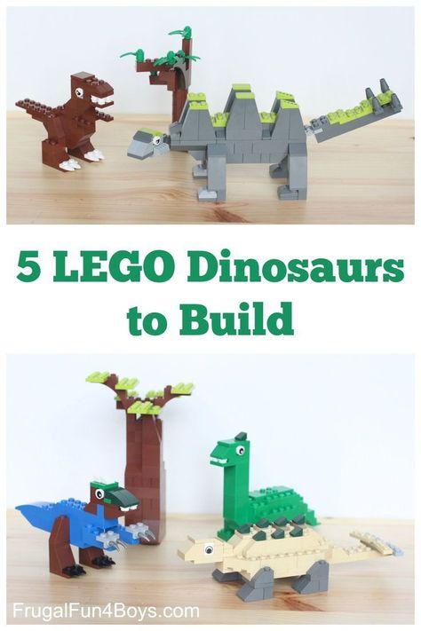 Five LEGO Dinosaurs to Build! LEGO building ideas for kids, great for a LEGO club. Building Ideas For Kids, Lego Building Ideas, Lego Dinosaur, Lego Challenge, Lego Club, Lego Activities, Lego Craft, Lego For Kids, Lego Party