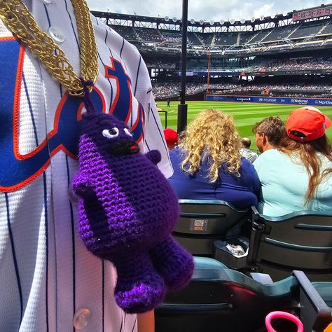 Grimace in action! He didn't bring a ton of luck yesterday, but got a bunch of compliments walking around Citi Field! • • • Yarn: Big Twist Value in Grape Pattern: Crochet Grimace Purple Guy by Fat Lady Crochet Crochet Grimace, Big Twist, Purple Guy, Twist, Amigurumi, Bring It On, Yarn, Purple, Crochet