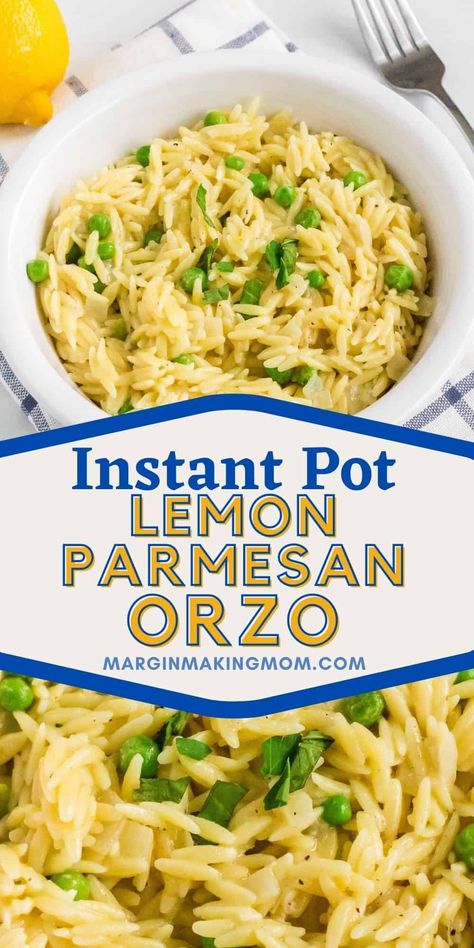 This simple yet delicious Instant Pot orzo is made with parmesan and lemon, along with some fresh herbs and frozen peas. It's a bright and cheery pressure cooker meal that's perfect for spring or summer! Vegetarian Recipes Dinner Instant Pot, One Pot Orzo Vegan, Lemon Risotto Instant Pot, Instapot Orzo, Instant Pot Orzo Recipes, Orzo Instant Pot Recipes, Instant Pot Dutch Oven Recipes, Instant Pot Lemon Orzo, Instant Pot Sides