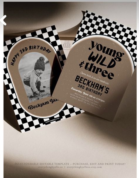 Young Wild And Three Birthday Invitation, Three Haw Birthday, Checkered Birthday Theme, Gender Neutral Birthday Party Themes, 3 Birthday Theme, Third Birthday Theme Boy, 3rd Birthday Theme Ideas, Young Wild And Three Birthday, Invite With Photo