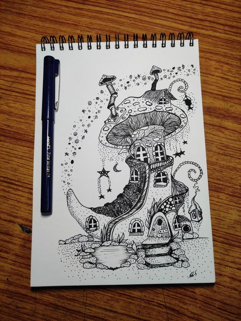 Fairyland Drawing, Mushroom Doodle Art, Mushroom Doodle, Castle Drawing, Fineliner Art, Pen Doodles, Art Time, Doodle Ideas, Doodles Drawings