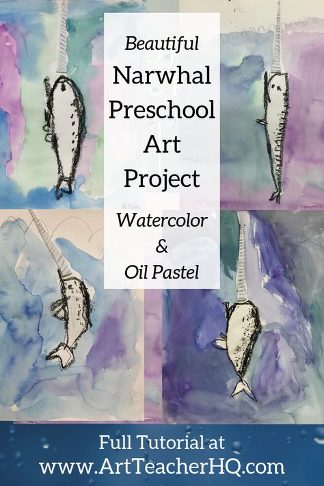 Narwhal Art Project For Kids, Inuit Art Projects For Kids, Narwhal Craft Preschool, Narwhal Craft, N Is For Narwhal, Desert Animal Art, Kindergarten Painting, Watercolor And Oil Pastel, Project For Preschool