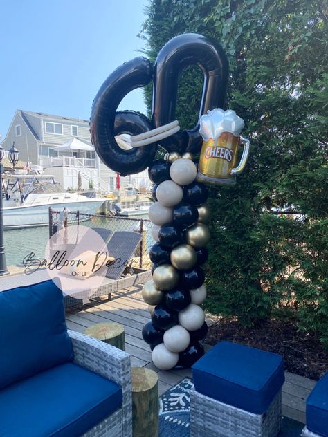 60th balloon column with a cheers foil balloon!🍻✨ Outdoor 60th Birthday Party Ideas, 60th Birthday Theme, 60th Birthday Ideas For Dad, 60th Birthday Balloons, 60th Birthday Invitations, Birthday Party Balloon, 60th Birthday Party, Birthday Surprise Party, Balloon Columns