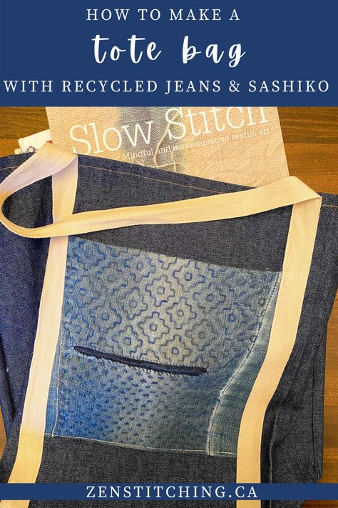 Upcycle your old denim jeans into a practical tote bag with sashiko pocket (that was previously a mended knee patch). Sashiko Stitching, Upcycled Jeans, Diy Tote, Recycled Jeans, Upcycled Home Decor, Knee Patches, Upcycle Jeans, Diy Tote Bag, Recycled Denim