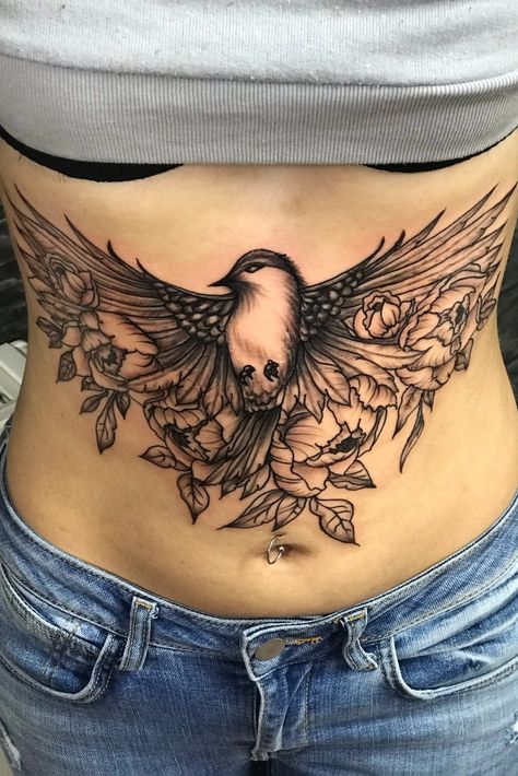 Tattoo uploaded by Kim Bailey | Floral bird #bird #birdtattoo #peonies #peony #blackwork #blackworktattoo #linework #greywash #floraltattoo #feathers #feathertattoo #kimbaileytattoos | 913425 | Tattoodo Stomach Tatoo, Lower Belly Tattoos, Abdomen Tattoo, Lower Stomach Tattoos, Tummy Tattoo, Stomach Tattoos Women, Belly Tattoos, Belly Tattoo, Hidden Tattoos