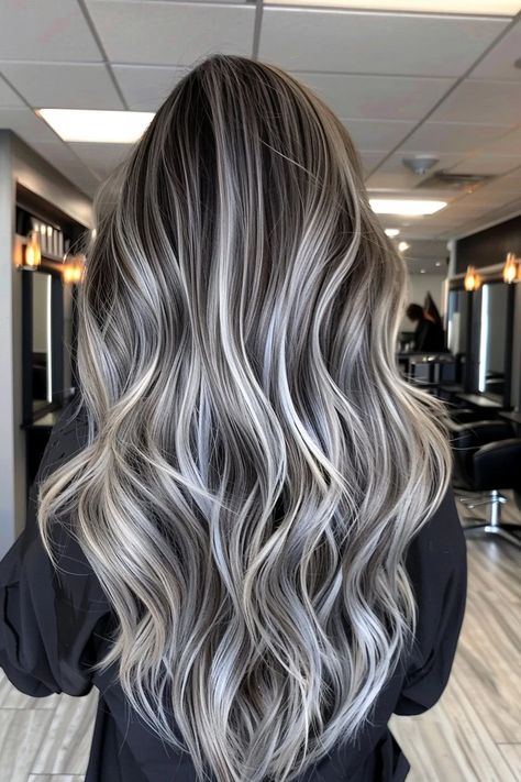 White Hair With Dark Lowlights, Root Melt Ash Blonde, Brown Hair With Grey Highlights, Ash Balayage On Dark Hair, Silver Highlights On Brown Hair, Smokey Ash Brown Balayage Dark, Darker Highlights, Brown Hair With Silver Highlights, Grey Transition