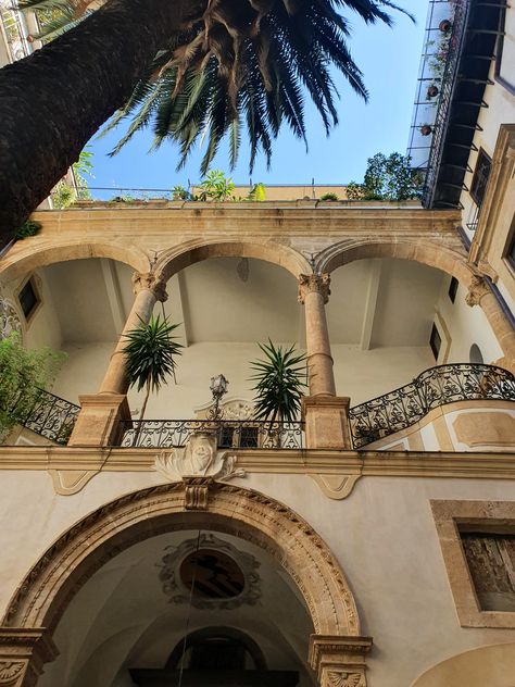 A courtyard of a building in Palermo, Sicily. Follow me on Instagram or YouTube for more! Palermo Sicily Aesthetic, Sicily Italy Aesthetic, Sicily Palermo, Aesthetic Place, Sicily Travel, Palermo Sicily, Dream Summer, Euro Summer, Italy Aesthetic