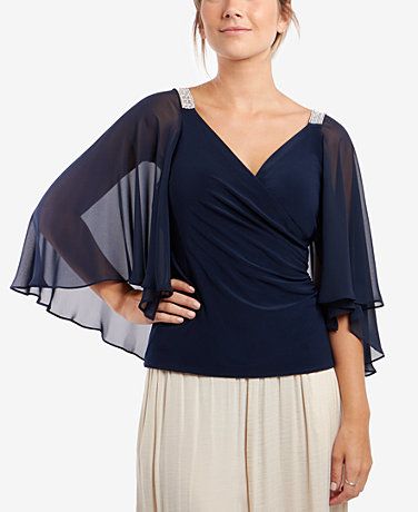 V-Neck Blouse Womens Tops - Macy's Chiffon Cape, Glam Tops, Elegant Blouses, Rhinestone Trim, Halter Tops, V Neck Blouse, Special Occasion Dresses, Shoulder Top, Bell Sleeve Top