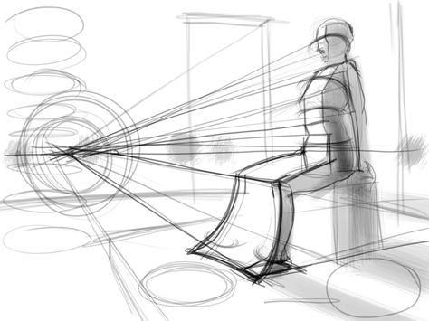 Idea to combine perspective guidelines with detailed sketches of figures for effect. Sitting In Perspective, Person Sitting Perspective From Above, Sitting Down Perspective, Person Perspective Drawing, Sitting Perspective Reference, Drawing Perspective, Perspective Sketch, Perspective Drawing Architecture, Perspective Drawing Lessons