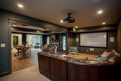 Basement - Rustic - Home Theater - Orange County - by Jack Band Builder, Inc. | Houzz Birch Butcher Block Countertops, Grey Sectional Couch, Media Room Ideas, Transitional Open Concept, Clements Design, Walls Ideas, Basement Remodel Diy, Home Cinema Room, At Home Movie Theater