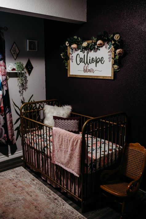 Dark Purple Nursery Girl, Black Furniture Nursery Girl, Purple And Black Nursery, Witch Nursery Ideas, Edgy Nursery Ideas, Dark Girl Nursery, Jewel Toned Nursery, Black Baby Room Nurseries, Emo Nursery Ideas