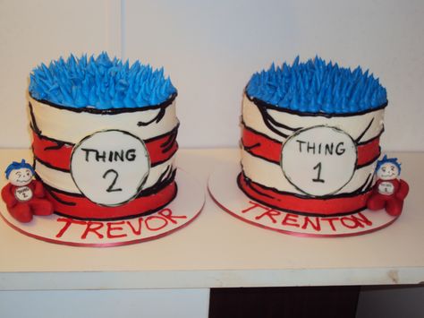 Thing 1 and Thing 2 Cakes / Casi's Cakery Thing One And Thing Two Birthday Cake, Thing 1 Thing 2 Cake Ideas, 1 Year Birthday Party Ideas, Doctor Suess Birthday, Second Birthday Cakes, Thing 1 And Thing 2, Dr Seuss Birthday Party, Twin Birthday Parties, 2 Cake