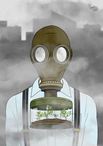 Air Pollution man wearing gas mask containing plants illustration Inkscape Pollution Activities For Kids, Air Pollution Project, Causes Of Air Pollution, Burning Fossil Fuels, Pollution Activities, Air Pollution Poster, Conscious Consumption, Fossil Fuels, Chernobyl