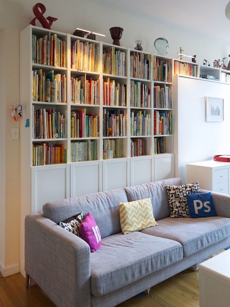 Bookcase Behind Sofa, Bookshelves With Doors, Diy Storage Sofa, Behind Sofa, Sofa Wall, Bookshelves In Living Room, Home Library Design, Ikea Home, Living Room Shelves