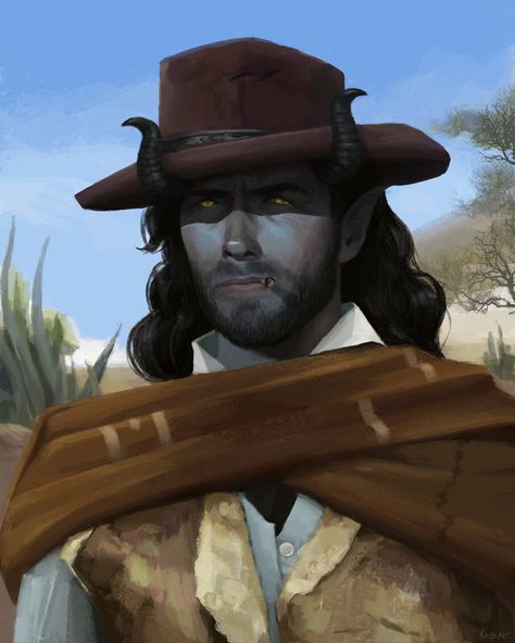 Tiefling Gunslinger Dnd, Dnd Tiefling Cowboy, Western Dnd Character, Tiefling Cowboy, Western Fantasy Art, Old Tiefling, Tiefling Gunslinger, Tiefling Pirate, Dnd Western