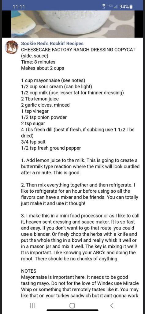 Cheesecake Factory Salad Dressing, Cheesecake Factory Ceaser Salad Recipe, Cheesecake Factory Ranch Dressing Recipe, Cheesecake Factory Ranch, Restaurant Ranch Dressing Recipe, Cheesecake Factory Salads, Restaurant Ranch Dressing, Cheesecake Factory Copycat, Cheesecake Factory Recipes