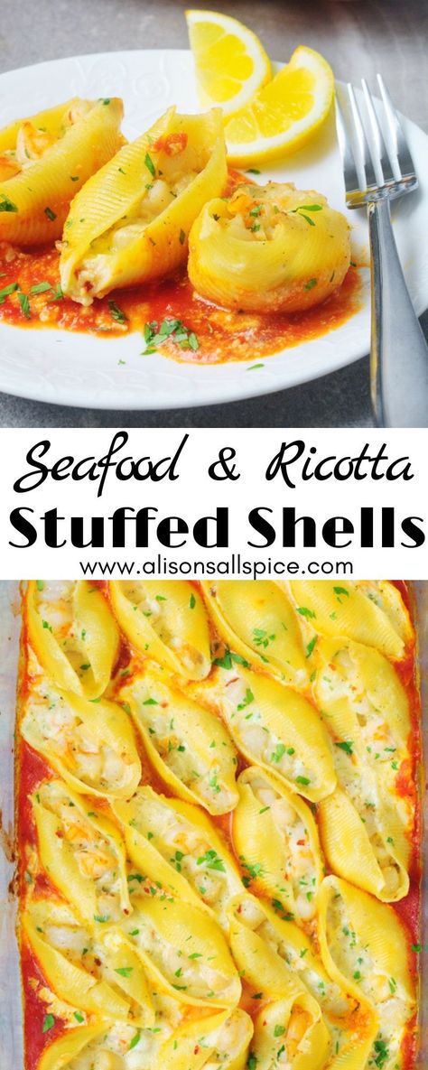 Stuffed Shells Chicken, Seafood Stuffed Shells Recipe, Seafood Shells, Recipe Ricotta, Seafood Stuffed Shells, Ricotta Stuffed Shells, Shells Stuffed, Chicken Stuffed Shells, Italian Seafood