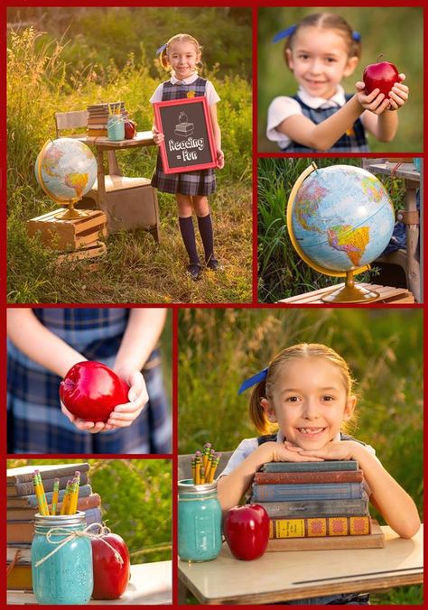 Grade 1 Photoshoot Ideas, Back To School Photos With Desk, Back To School Outdoor Photography, Outdoor Back To School Pictures, First Grade Photo Shoot, Kindergarten Photo Shoot Ideas, Outdoor School Photos, Homeschool Picture Day Ideas, Starting Kindergarten Pictures