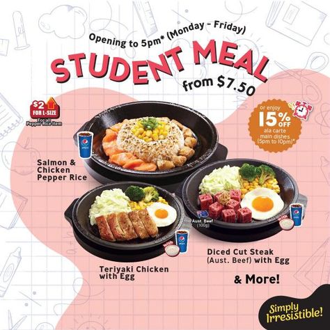 Pepper Lunch Student Meal Promotion from $7.50 Lunch Promotion Poster, Food Promotion Ideas, Pepper Lunch Restaurant, Lunch Menu Design, Food Promotion Design, Restaurant Promotion Ideas, Pepper Lunch, University Food, Ayam Penyet