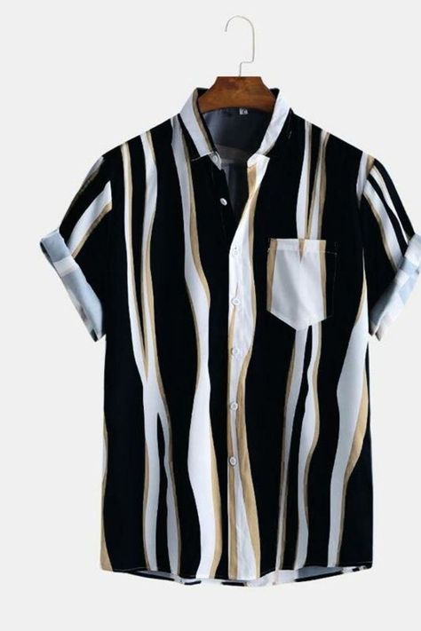 Lining Shirts For Men, Tall Black Men, Plain Color, Striped Sleeve, Casual Stripes, Loose Shirts, Pocket Shirt, Striped Shorts, Casual Shirts For Men