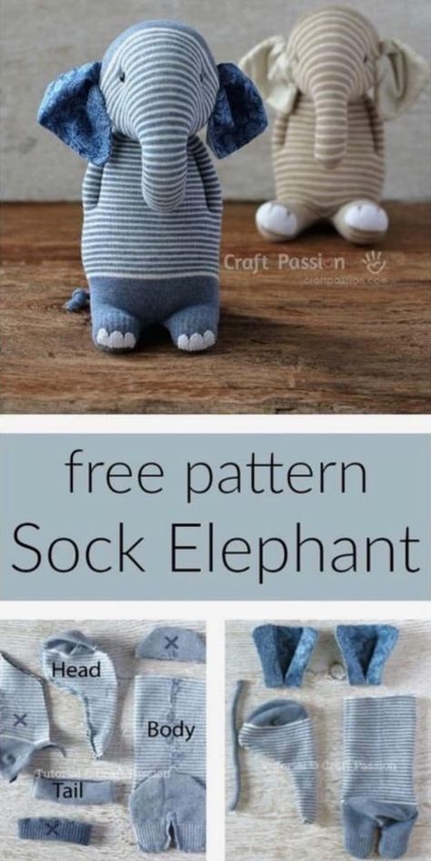 Sock Elephant Pattern, Sock Elephant, Sock Animals Diy, Diy Sock Toys, Crochet Elephant Pattern, Sock Doll, Sock Dolls, Sock Toys, Sock Crafts