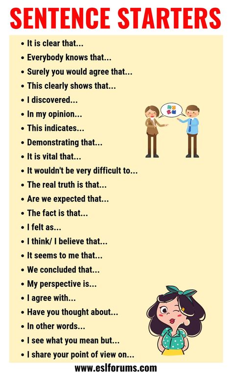 Sentence Starters: Useful Words and Phrases You Can Use As Sentence Starters - ESL Forums Punctuation Chart, Teaching English Grammar, Communication Problems, Sentence Starters, English Learning Spoken, Essay Writing Skills, Conversational English, English Vocab, Good Vocabulary Words