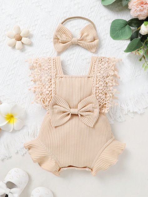 Apricot  Collar   Plain  Embellished Slight Stretch  Newborn Baby Clothing Crochet Romper, Baby Portraits, Girls Sweet, Baby Outfits Newborn, Little Dresses, Lace Edging, Kids Sleepwear