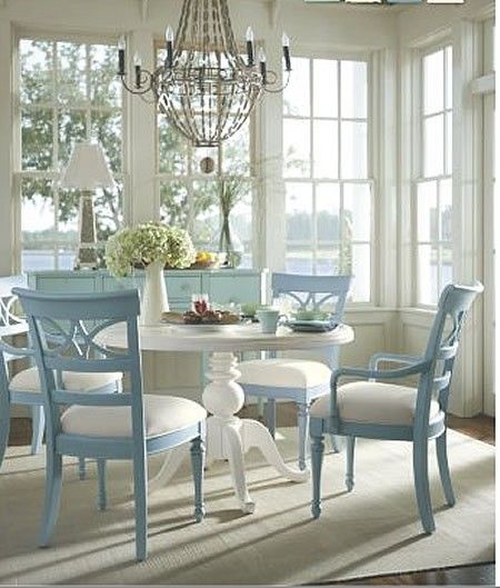 Transformed by Color - The Decorologist Shabby Chic Decorating, Pedestal Dining Table, Design Del Prodotto, Wainscoting, Breakfast Room, Coastal Living, Beach House Decor, Shabby Chic Decor, Room Table