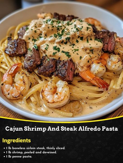 Shrimp And Steak Alfredo Pasta, Steak Alfredo Pasta, Steak Alfredo, Wife Duties, Cook Ideas, Mushroom Sandwich, Food Variety, Study Aesthetics, Steak And Shrimp