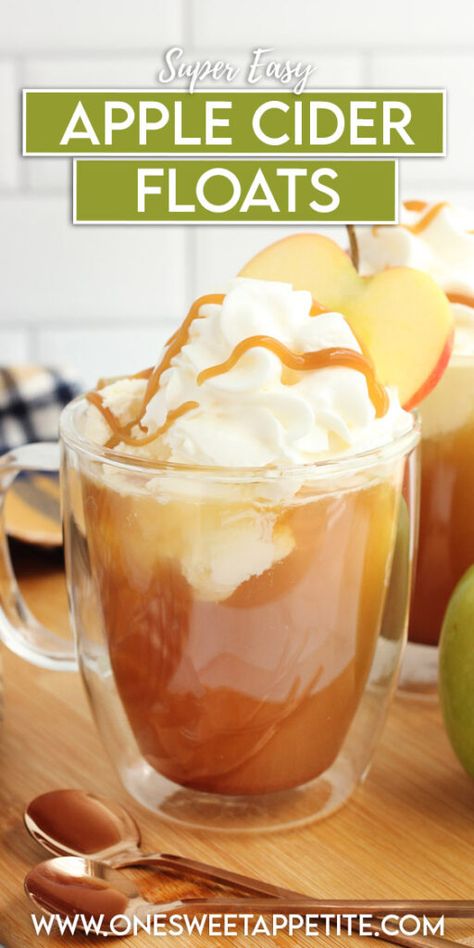 These Apple Cider Floats are so easy and filled with delicious apple flavor. Made using simple ingredients and ready in minutes. The perfect way to celebrate fall. Flavored Apple Cider, Apple Cider Floats Recipe, Caramel Apple Cider Floats, Apple Cider Float Recipe, Apple Cider Ice Cream Float, Apple Cider Slush, Apple Drinks Non Alcoholic, Apple Cider Slushies, Apple Cider Floats