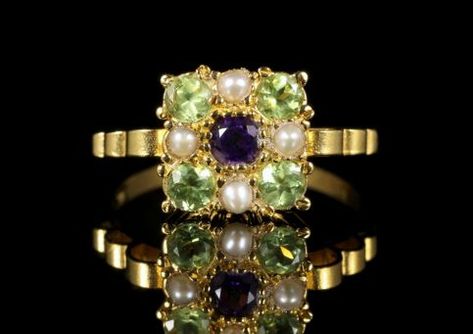 Suffragette Ring Amethyst Peridot Pearl 18ct Gold Silver front view Suffragette Jewellery, Suffragette Movement, Antique Jewellery Online, Bijoux Art Nouveau, Victorian Engagement Rings, Edwardian Ring, Antique Jewelry Rings, Art Nouveau Jewelry, Amethyst Jewelry