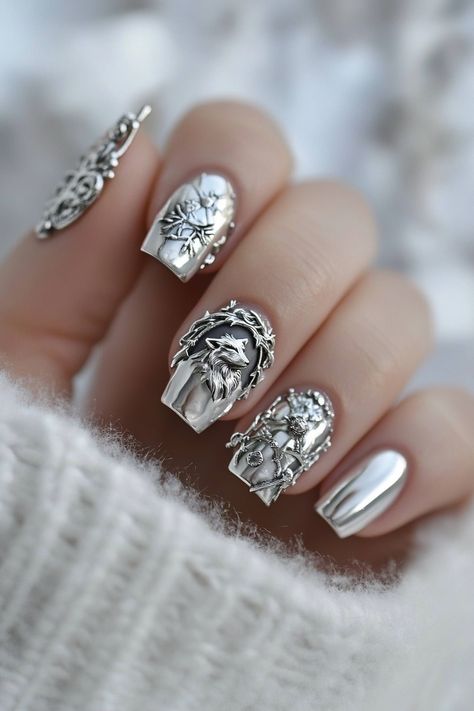 ✨ Embrace the magic of the night with this stunning wolf and moon nail art! 🌕🐺✨ Featuring a photorealistic design, these nails capture the spirit of folklore and the beauty of snowy landscapes. Perfect for folk metal lovers, this silver wolf is a striking addition to your style. Elevate your nail game with a touch of wilderness and mystique! ❄️💅 #NailArt #WolfAndMoon #FolkMetal #NailInspo #WinterVibes... Wolf Moon Art, Moon Nail Art, Wolf And Moon, Silver Nail Art, Moon Nails, Silver Nail, Silver Wolf, Silver Decor, Wolf Moon