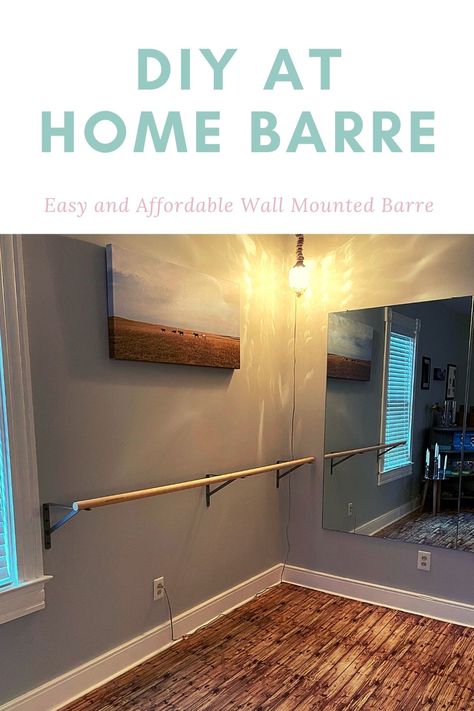 Wall mounted barre in an at home studio Workout Room Wall Decor, Barre Room At Home, Barre Studio At Home, Small Home Ballet Studio, Dance Space At Home, Diy Dance Studio At Home, Home Barre Studio, Home Dance Studio Ideas, Dance Room Ideas