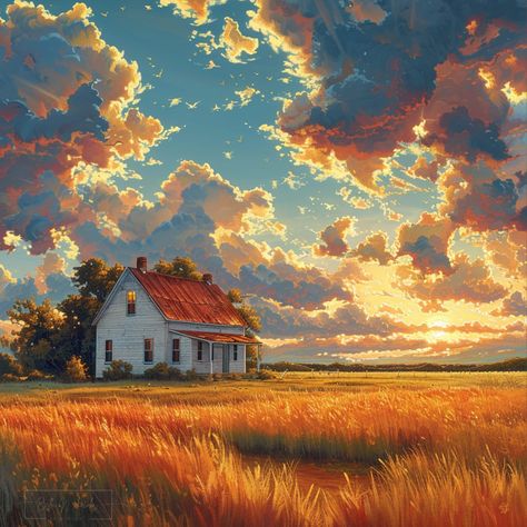 Sumer Landscape, Country Side House, Dramatic Sunset, House In Nature, Digital Screen, Wheat Fields, Country Side, Painting Digital, Prints Wall