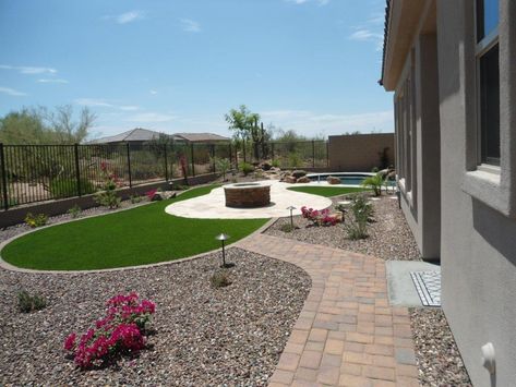 Arizona Landscape Design, Arizona Backyard Landscaping, Drought Tolerant Landscape Front Yard, Artificial Turf Landscaping, Desert Landscaping Backyard, Turf Backyard, Arizona Backyard, Water Feature Wall, Arizona Landscape