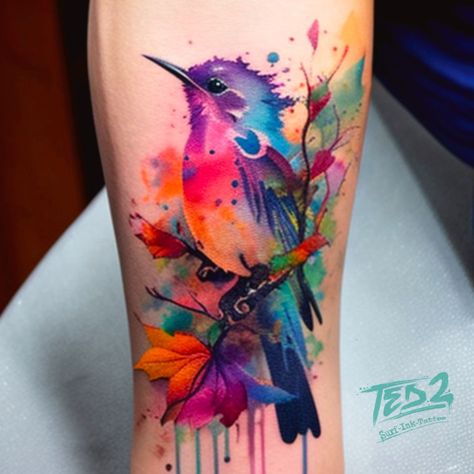 Colour Only Tattoo, Forearm Tattoo Women Watercolor, Tattoo With Watercolor Background, Feminine Tattoo Sleeves Watercolor, Watercolor Wrist Band Tattoo, Ankle Watercolor Tattoo, Watercolor Half Sleeve Tattoo For Women, Color Forearm Tattoo Women, Colorful Tattoos For Women Watercolors