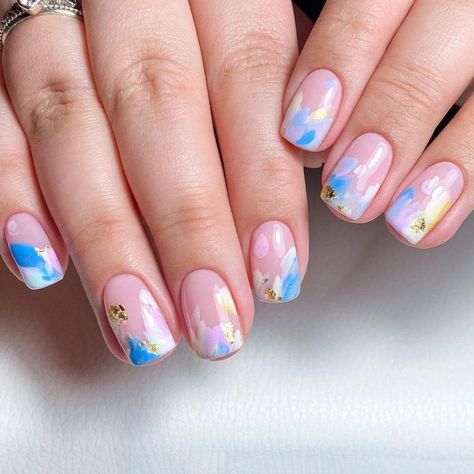 35 Pretty Natural Nail Designs Watercolor Nails, Spring Sets, Abstract Brush Strokes, Style For Spring, Natural Nail Designs, Water Color Nails, Pastel Abstract, Spring Nail Designs, Floral Halo