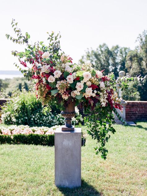 Berry Toned Autumn Wedding at Oxon Hill Manor in Virginia - Sweet Root Village Blog Toned Autumn, Autumn Wedding Ideas, Urn Arrangements, Altar Arrangement, Large Floral Arrangements, Ceremony Design, Flower Installation, Fall Wedding Flowers, Ceremony Inspiration