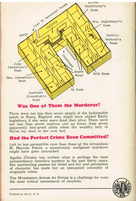 https://flic.kr/p/AJrdqp | The Mysterious Affair at Styles back cover | The back cover features the Styles floorplan, which is conveniently provided for us in the novel. Poirot Fashion, Media Recommendations, The Mysterious Affair At Styles, Mysterious Affair At Styles, Interesting Maps, Detective Stories, House Location, Agatha Christie Books, Detective Fiction