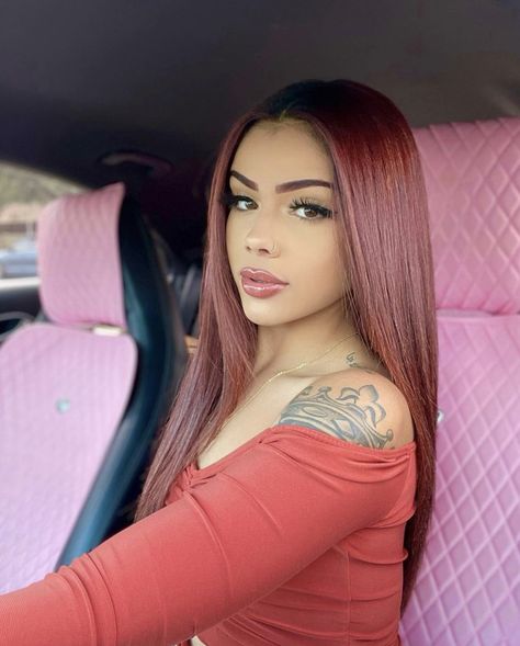 Tq Stacey Hair, Stacey Rosado Makeup, Tq Stacey, Baddie Burgundy Hair, Stacey Rosado Tattoos, Stacey Rosado, Latina Red Hair, Toyota Camry Red Interior, Car Selfies