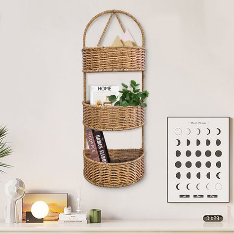 3-Tier Wall Hanging Basket Rattan Planter Baskets Hanging On Wall, Bathroom Wall Basket Ideas, Wall Fruit Basket Ideas, Bathroom Wall Baskets, 3 Tier Basket Stand, Tiered Basket Stand, Boho Bathrooms, Condo Kitchen Remodel, Rattan Flower