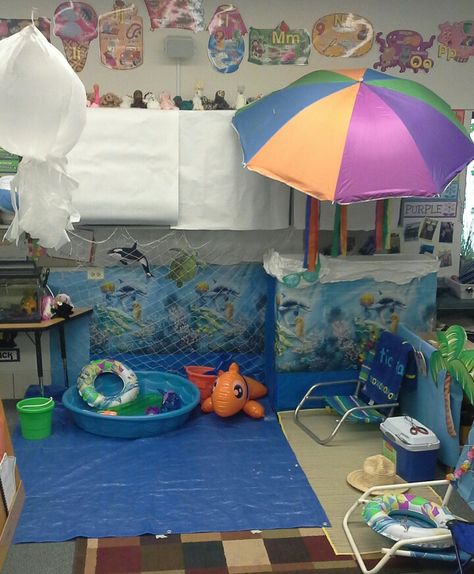 Preschool beach/ocean dramatic play area                                                                                                                                                      More Beach Theme Preschool Activities, Ocean Dramatic Play, Beach Theme Preschool, Education Worksheets, Dramatic Play Themes, Ocean Theme Preschool, Role Play Areas, Dramatic Play Preschool, Dramatic Play Area