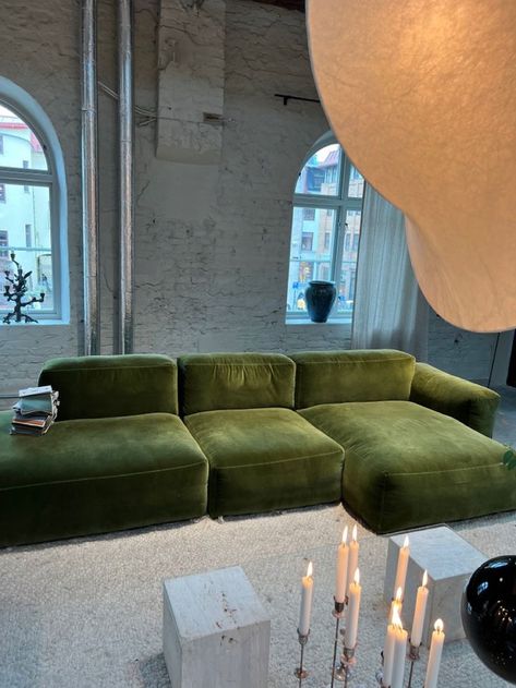 Velour Couch, Small Sunroom, Green Couch, Future Apartment Decor, Dream Furniture, Dream House Rooms, Apartment Decor Inspiration, Dream House Interior, Apartment Inspiration