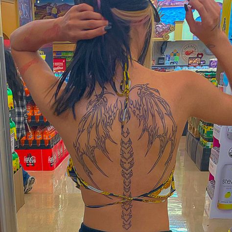 Spine With Wings Tattoo, Dragon Wings Back Tattoo Women, Wing Spine Tattoos For Women, Dragon Wings Tattoo For Women, Dragon Wing Tattoo On Back, Spine Wing Tattoo, Dragon Wing Back Tattoo, Dragon Wings Back Tattoo, Back Wing Tattoos For Women