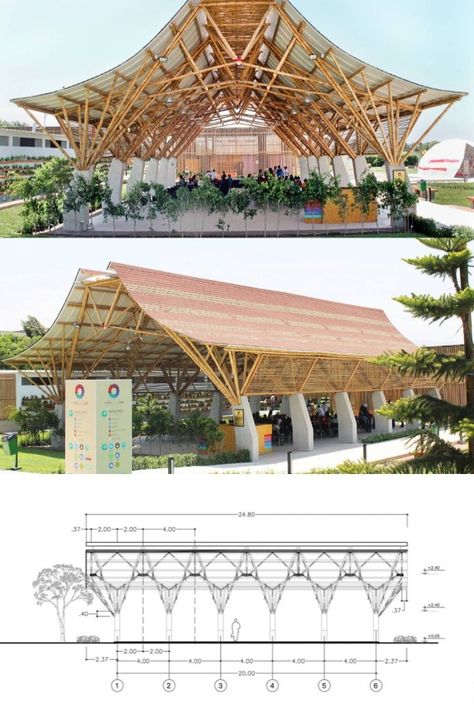 Mountains And Water, Bamboo Roof, Pavilion Architecture, Bamboo Structure, Timber Roof, Bamboo Architecture, Pavilion Design, Sustainable City, Architecture Building Design