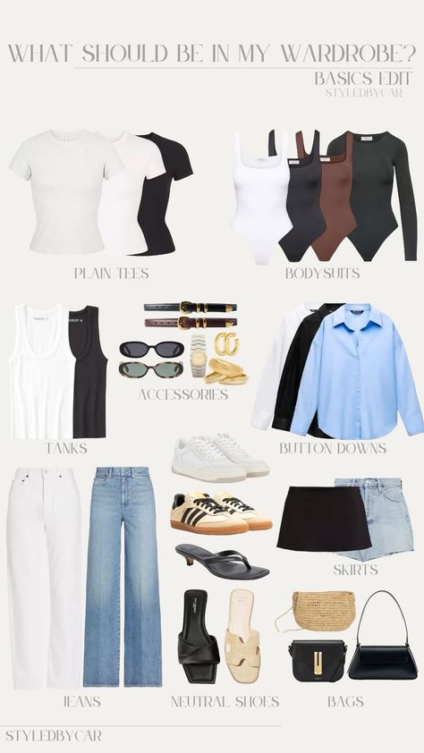 Minimalist Wardrobe Capsule, Basic Clothes, Capsule Wardrobe Women, Capsule Wardrobe Basics, Mode Tips, Fashion Capsule Wardrobe, Summer Capsule Wardrobe, Wardrobe Outfits, Stil Inspiration