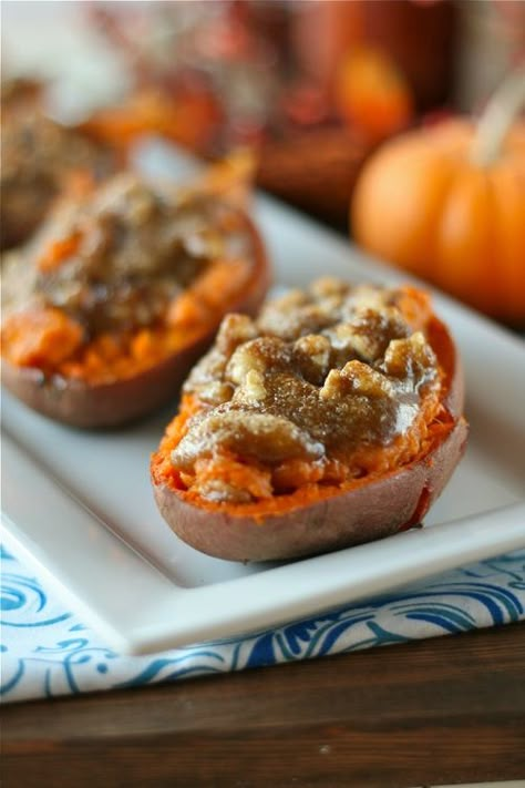 Twice Baked Sweet Potatoes with Walnut Streusel Thanksgiving Yams, Princess Recipes, Thanksgiving Dish, Sweet Potato Recipes Baked, Twice Baked Sweet Potatoes, Baked Sweet Potatoes, Sweet Cooking, Twice Baked, Cooking Guide